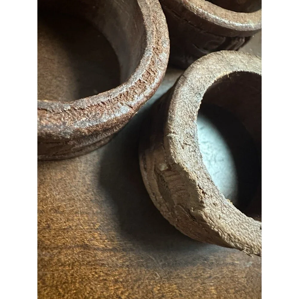 Vintage Carved Teak Wood Napkin Rings Set of 8 Measures 1 7/8 by 5/8